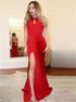 Mermaid Round Neck Red Split Side Prom Dresses With Keyhole LBQ1295